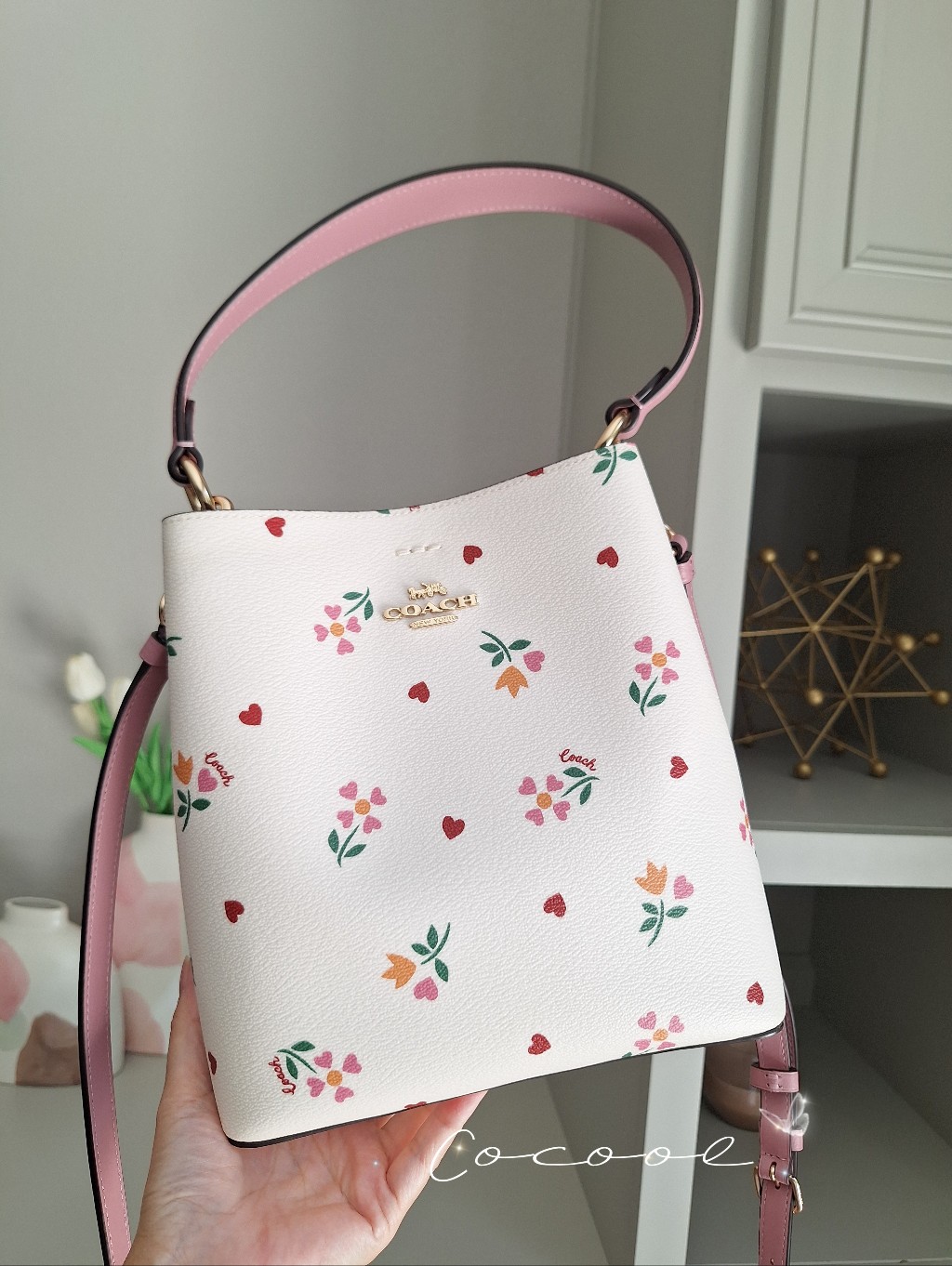 New Coach Small Town Bucket Pink Signature Canvas Heart Petal Print Chalk